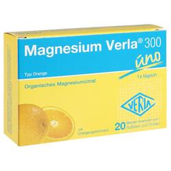 Gelbe und blaue Verpackung von Magnesium Verla 300 mit Orangengeschmack.