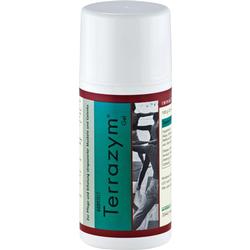 Eine weiße Flasche mit rotem Etikett, darauf steht "Terrazym Gel".