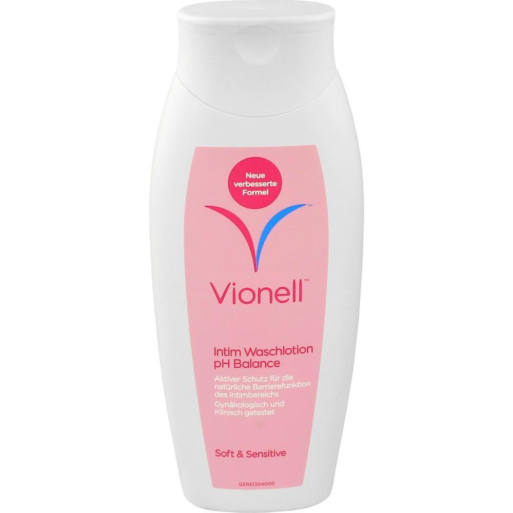 Eine Flasche Vionell Intim Waschlotion mit rosa Etikett.