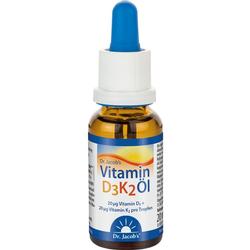 Braunes Fläschchen mit blauer Pipette, auf dem "Vitamin D3K2 Öl" steht.